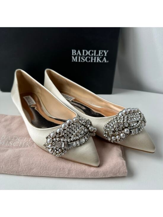 Badgley Mischka Shoes - Badgley Mischka (9) Octavia Satin Ivory Embellished Flats - Bridal, Glam, Event